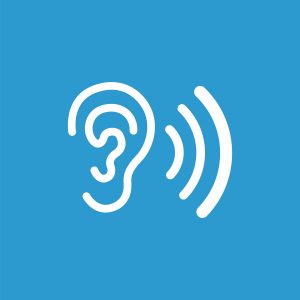 ear icon, isolated, white on the blue background. Exclusive Symbols